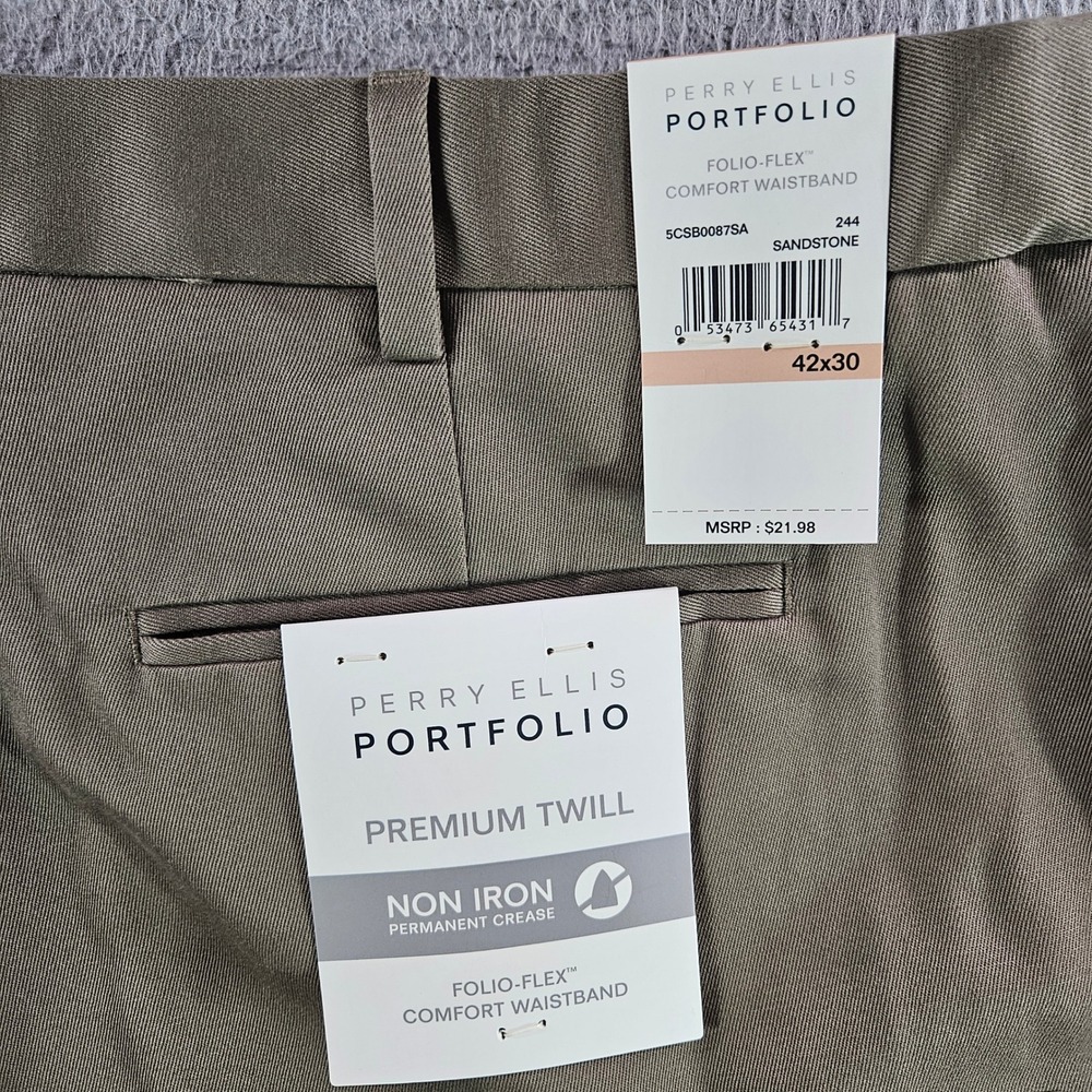 Perry Ellis Portfolio Mens 42x30 Sandstone Premium Twill Non Iron Pants NEW NWT